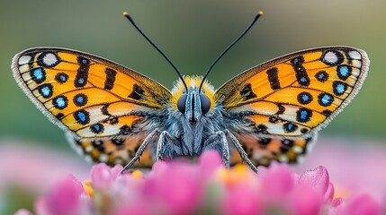 Obraz premium Butterfly on pink flower, blurred background, macro view, nature scene