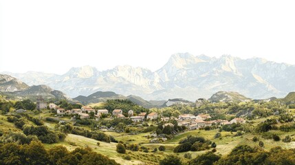 Serene Mountain Village Landscape Surrounded by Lush Green Hills and Majestic Peaks