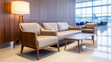 Modern airport lounge area with stylish furniture, warm lighting, and large window showcasing planes