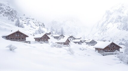 Fototapeta premium Serene Winter Landscape with Snow-Covered Wooden Cabins in a Remote Mountain Village