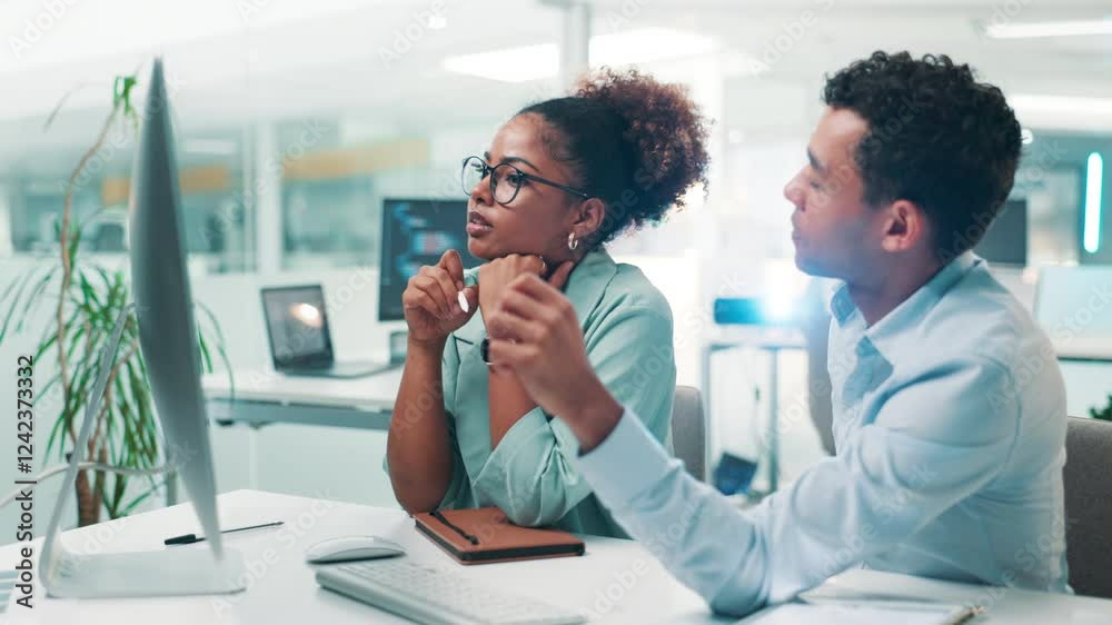 Poster Business people, software developer and writing with computer for UX, UI or app development at office. Businessman, woman or programmers with technology for web design, AI planning or problem solving