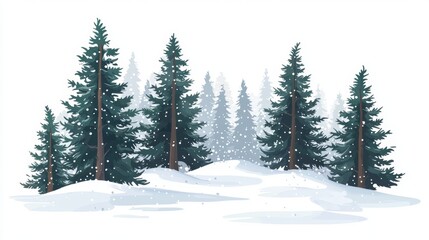 Snowy Winter Landscape with Snow-Covered Ground and Evergreen Trees in a Forest Setting