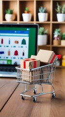 "Online Shopping Concept: Mini Shopping Cart with Packages in Front of a Laptop Displaying an E-Commerce Store"


