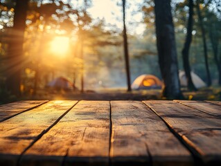 Sunset Glow Over Cozy Outdoor Camping Scene with Empty Wooden Table in Serene Forest Landscape