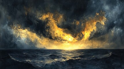 A dramatic oil-textured stormy sky with deep grays and streaks of vibrant yellow