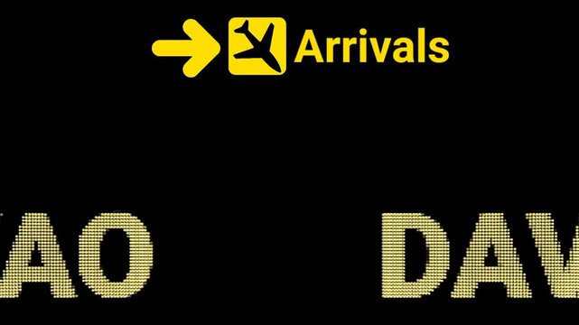 DAVAO Airport's LED sign board with animated 'Arrival' text on a black background. Perfect for aviation-themed content and high-end presentations 