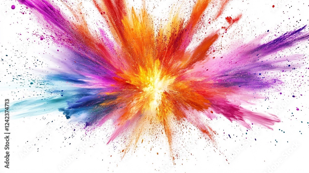 Poster vibrant burst of colorful powder exploding against a clean white background