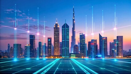 Fototapeta premium Futuristic City Skyline with Digital Overlay at Dusk in Urban Environment