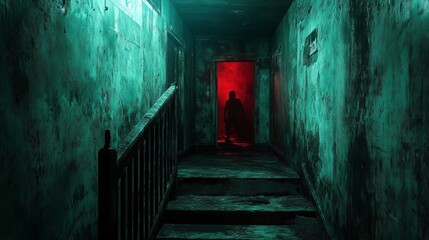 Obraz premium Mysterious Dark Hallway Illuminated by Eerie Red Light at the End Creating an Atmosphere of Suspense and Intrigue Evoking Feelings of Fear and Anticipation in a Dimly Lit Environment