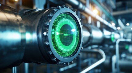 Fototapeta premium Innovative monitoring system integrated within an industrial pipeline, featuring a circular green digital display for real time data and analysis, enhancing factory efficiency