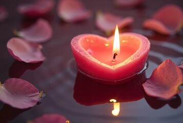 Floating Heart-Shaped Candle Surrounded by Rose Petals, Creating a Peaceful and Romantic Valentine’s Day Scene