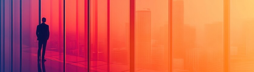 Fototapeta premium Silhouette of Businessman Inside Modern Office with Colorful Glass Walls Overlooking a Vibrant Cityscape at Sunset