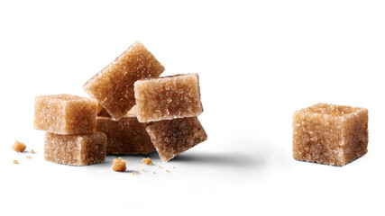 Brown sugar cubes scattered on a dark surface, some in a pile, others separate. on transparent background 