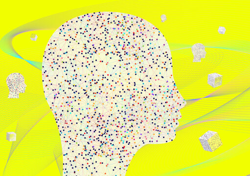 Artificial Intelligence Head with Blockchain Cubes on Lime Background
