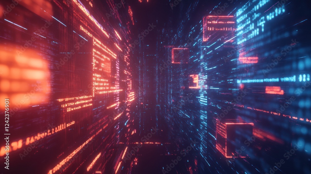 Poster red and blue data code flows inside a tunnel. background is dark. possible use technology, ai