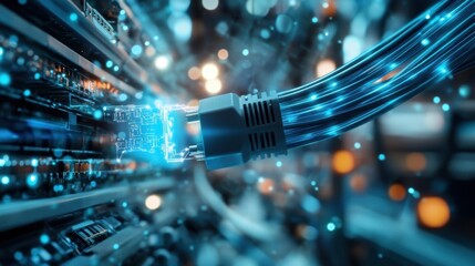 Fiber optic cable plugging into server rack transmitting data with glowing microchip and circuits in a dark server room, representing innovative engineering and technology