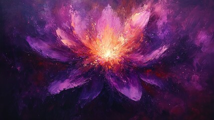 A cosmic oil-textured nebula with glowing bursts of light in vibrant purples