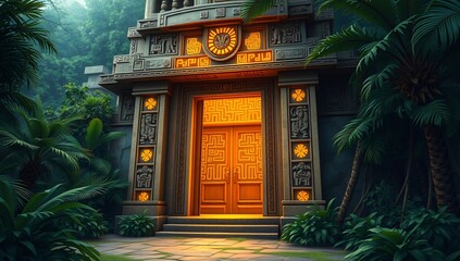 Golden Glyphs on Mayan Temple Doorway – A Mayan stone gateway with glowing golden runes, shrouded in the dense jungle, awaiting discovery