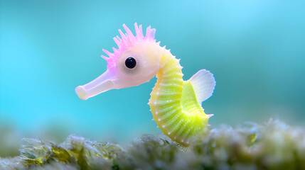 Baby seahorse on ocean floor, coral background, underwater wildlife