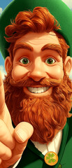 A cartoonish man with a green hat and beard is smiling and pointing to the sky. He is wearing a green shirt and a green vest