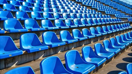 Fototapeta premium Rows of Empty Blue Plastic Stadium Seats in a Brightly Lit Outdoor Arena