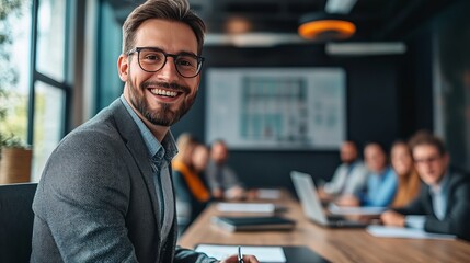 Confident and Approachable Businessman in Formal Attire with Glasses Sitting at a Table Smiling Radiantly in a Bright and Inviting Office Environment Exuding Professionalism and Warmth