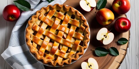 Classic homemade apple pie with a beautifully woven golden crust, placed on a rustic wooden table with fresh apples, embodying the essence of cozy home baking and seasonal warmth

