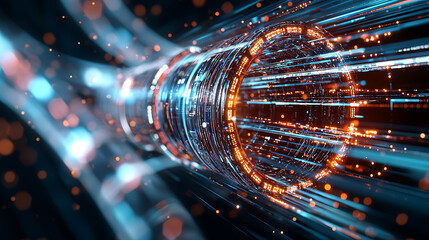 close up of fiber optic cable with vibrant light trails and glowing particles, showcasing advanced technology and connectivity
