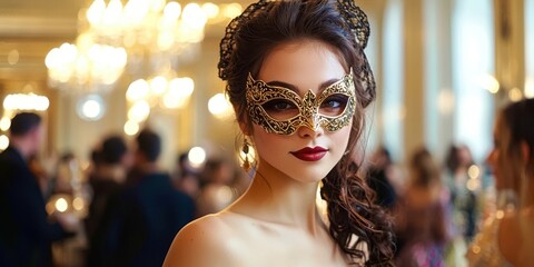 Woman wearing a gold mask and red lipstick