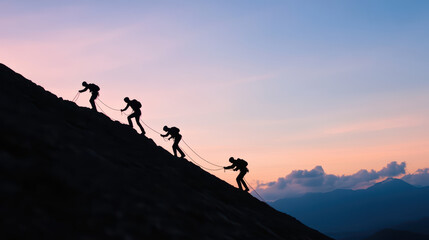 A group of four people are climbing a mountain