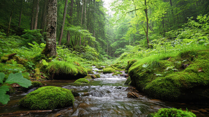 Obraz premium A stream of water flows through a lush green forest