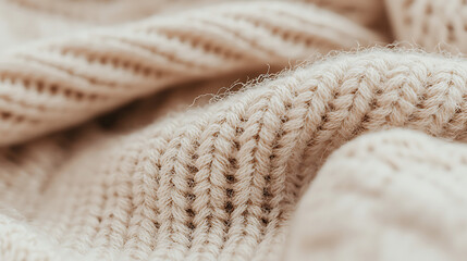 Close up of hand knitted wool sweater showcasing soft, textured fabric. warm beige color adds cozy feel to image