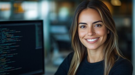 a woman working as an IT support representative. She is seated at a modern desk with a sleek computer setup 