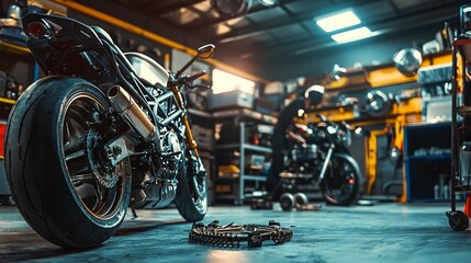 Motorcycle repair shop Mechanic servicing bike
