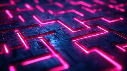 Pink neon lines on dark grid, futuristic background, tech design