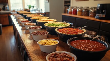 Fototapeta premium Abundant food preparation for a large gathering, showcasing various ingredients in bowls on a long wooden table.