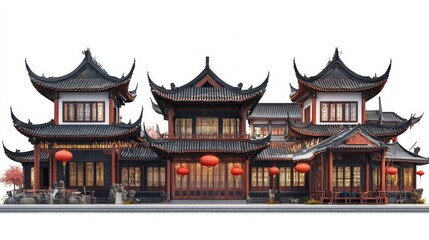 Obraz premium Traditional Chinese Architecture with Elegant Roofs and Lanterns, Showcasing Intricate Design and Cultural Aesthetics