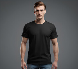 Fototapeta premium A high-quality 3D render of a black T-shirt, front-facing, with a realistic cotton fabric texture. The shirt is displayed on an invisible mannequin, showing natural draping and slight wrinkles.
