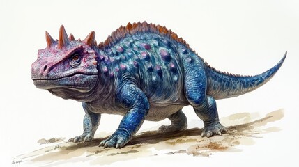 Obraz premium Colorful fantasy creature, reptilian, walking, horns, spikes, scales, vibrant.