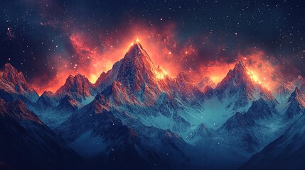 A celestial-inspired mountain range with glowing peaks under a starry abstract sky