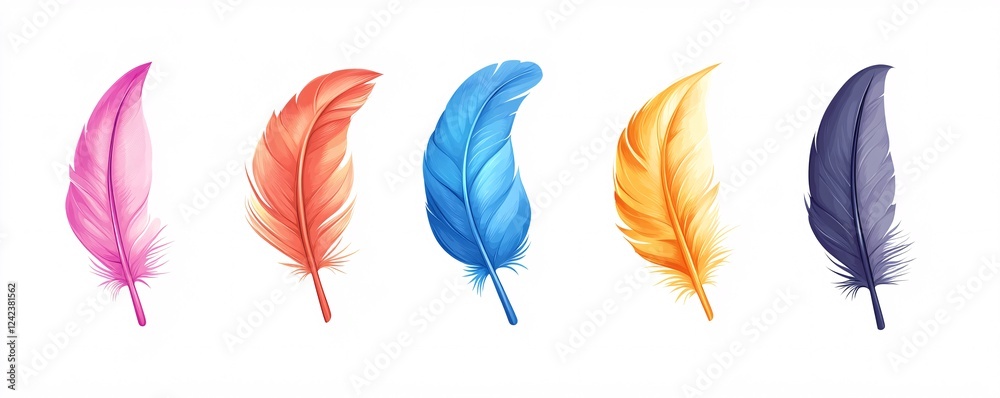 Poster Five colorful bird feathers are floating on a white background