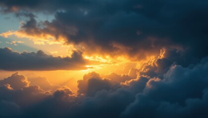 Dramatic sunset with golden light breaking through thick dark clouds