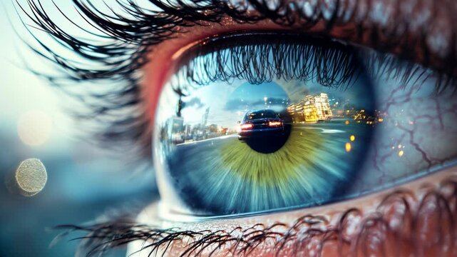 Eye Reflection of Speeding Car in Motion on City Road Close Up Journey Through Urban Speed and Focus
