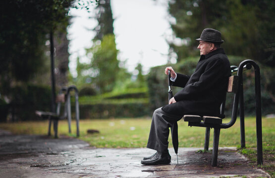 Senior man sitting on a bench in a peaceful park setting