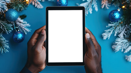 Online shopping for Christmas. Mockup of a tablet for the presentation of a website or application. A black man holds a tablet with a white blank screen against the background of Christmas decorations