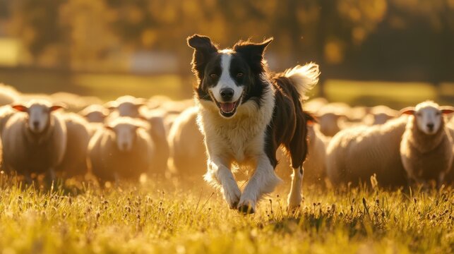 A dog herding sheep in a golden field during sunset. - Powered by Adobe