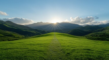 Fototapeta premium Majestic mountain sunrise over a grassy field