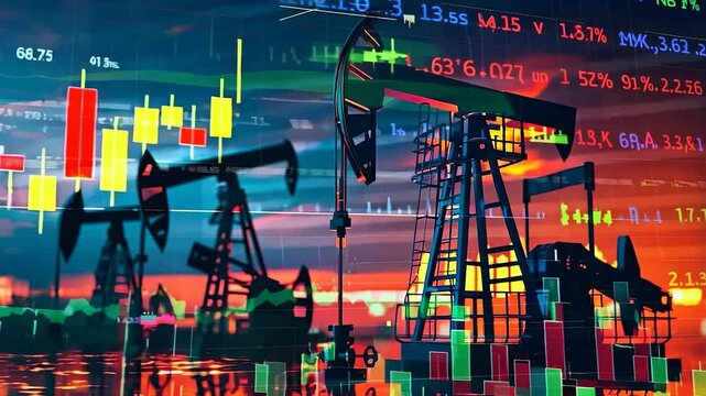 An oil pumpjack extracting oil with economic graphs in the background, representing fuel prices, market trends, and economic warfare.