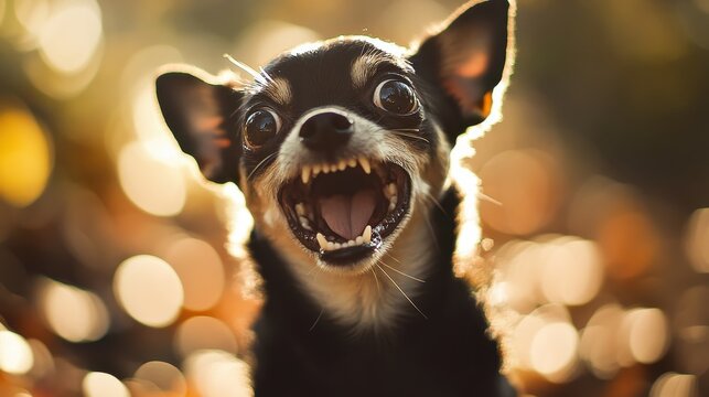Vicious-looking dog with bared teeth in a blurred, colorful background.