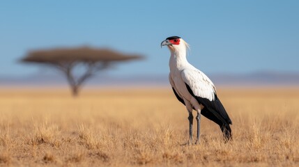 Naklejka premium Secretarybird standing in dry grass savanna
